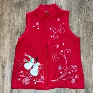 Holiday Christopher & Banks Red Zip Up Snowman / Winter Vest Size Large